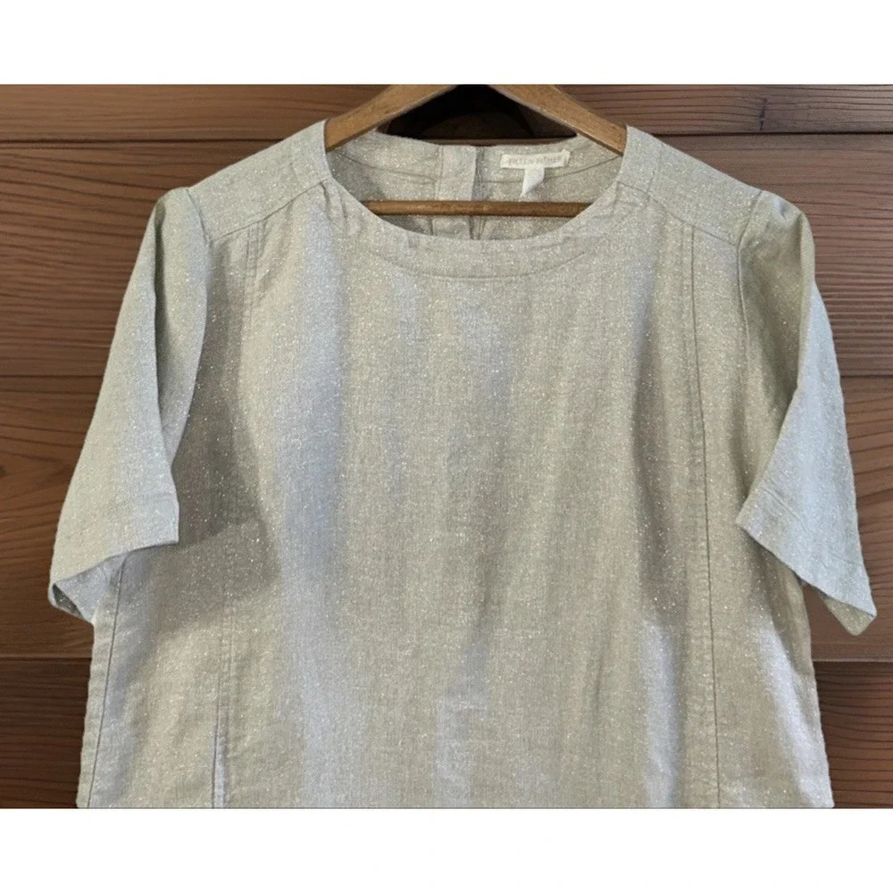 Eileen‎ Fisher Organic Linen Shift Dress Pockets Beige Holiday Sparkle Sz XS EC